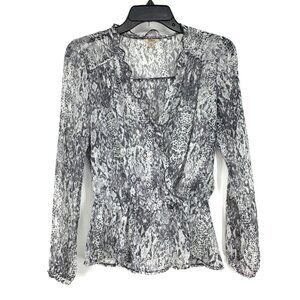 Guess Top Gray Snake Print Sheer Long Sleeve V Neck Ruffle